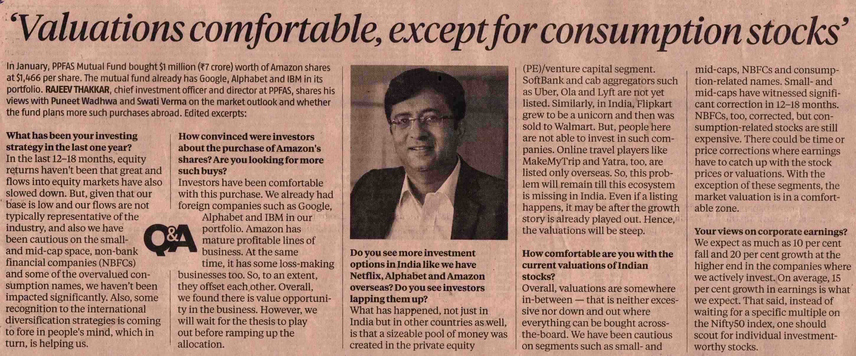 'Valuations comfortable, except for consumption stocks'