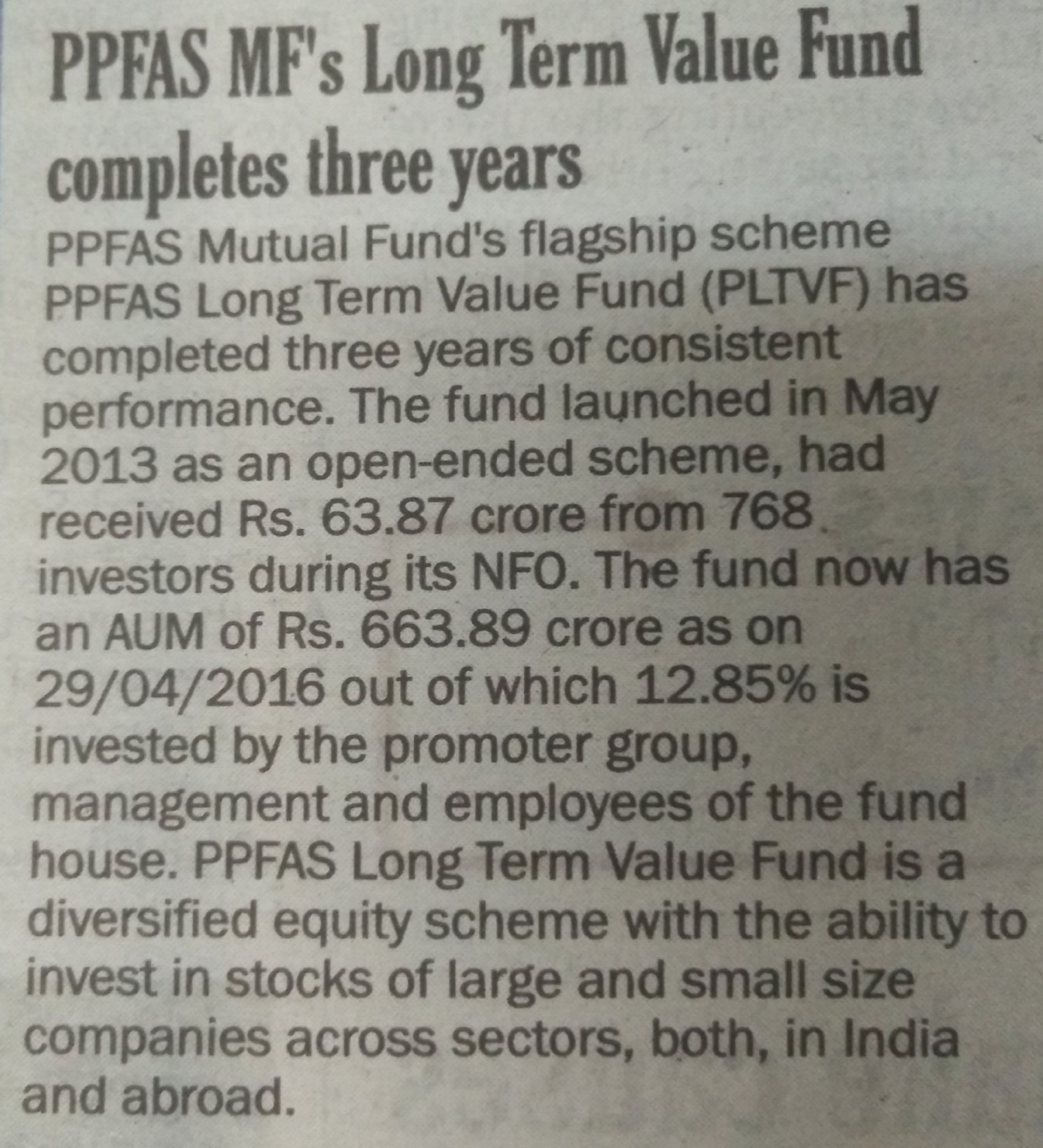 Parag Parikh Long Term Value Fund completes three years
